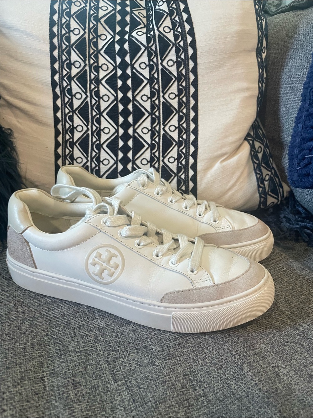 Tory Burch Off-White Leather Sneakers with Beige Suede Accents